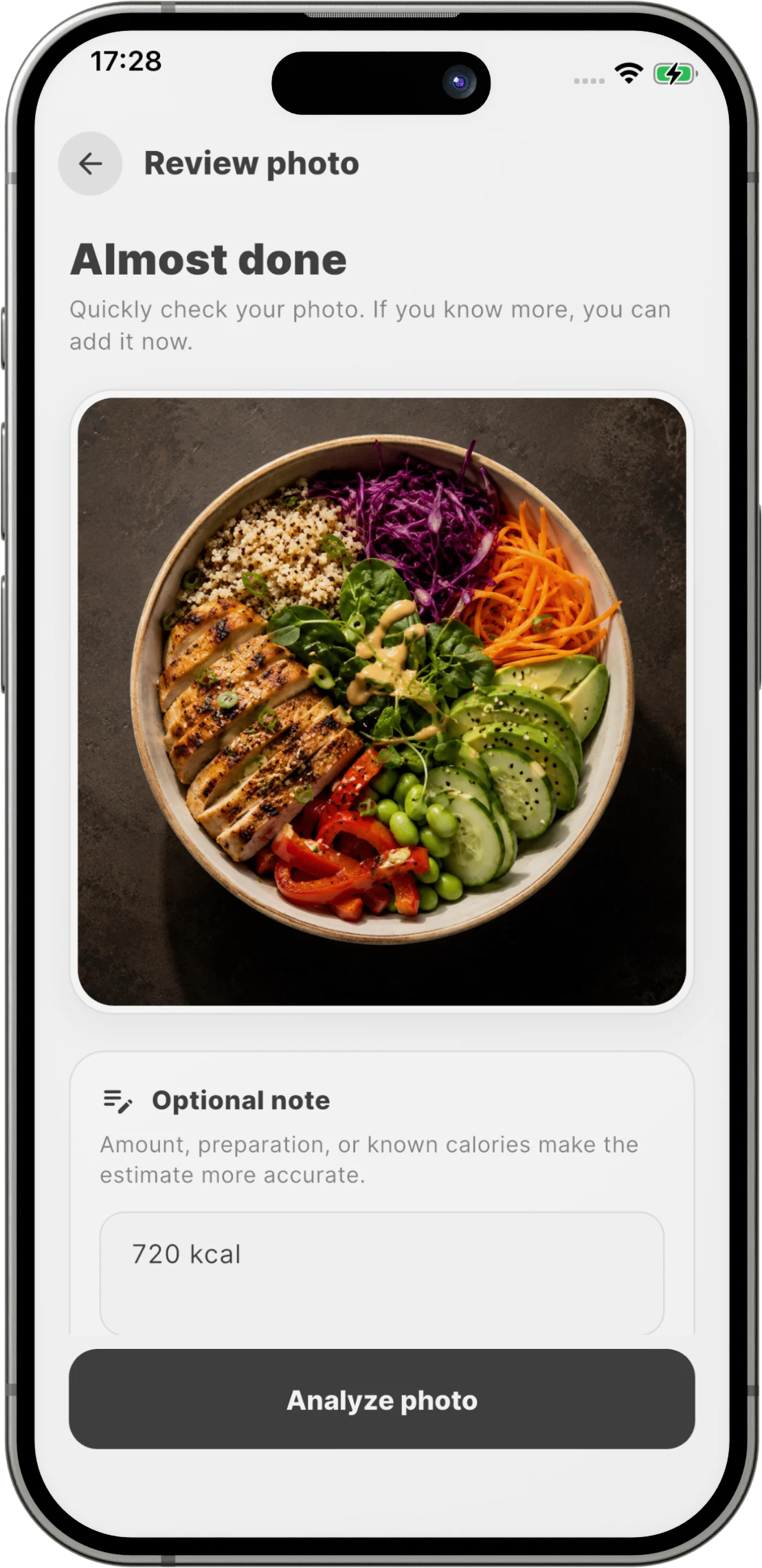 Optional note before the CalorieMeister photo analysis