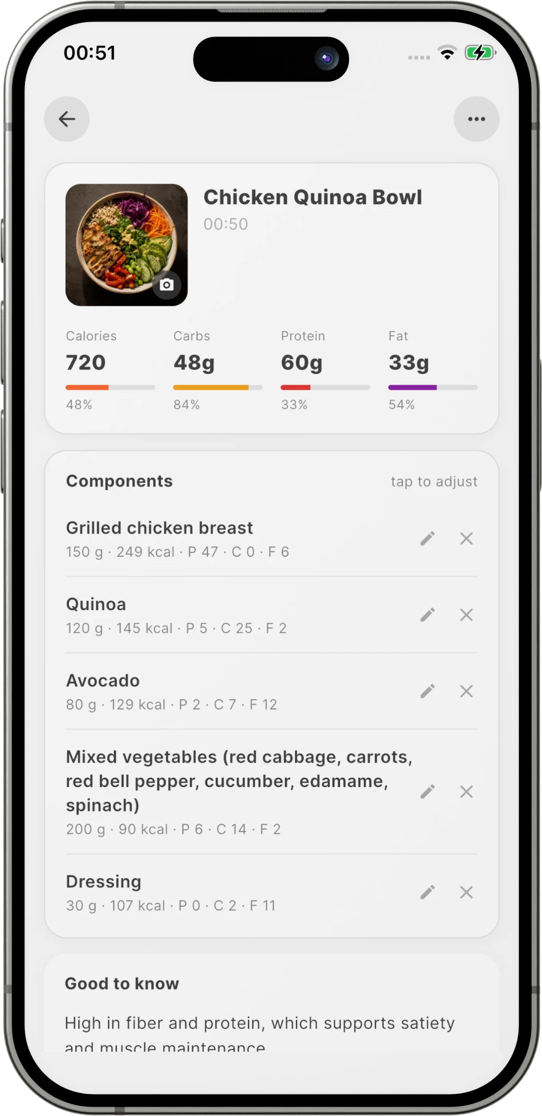 Detailed view of an analysed meal in CalorieMeister