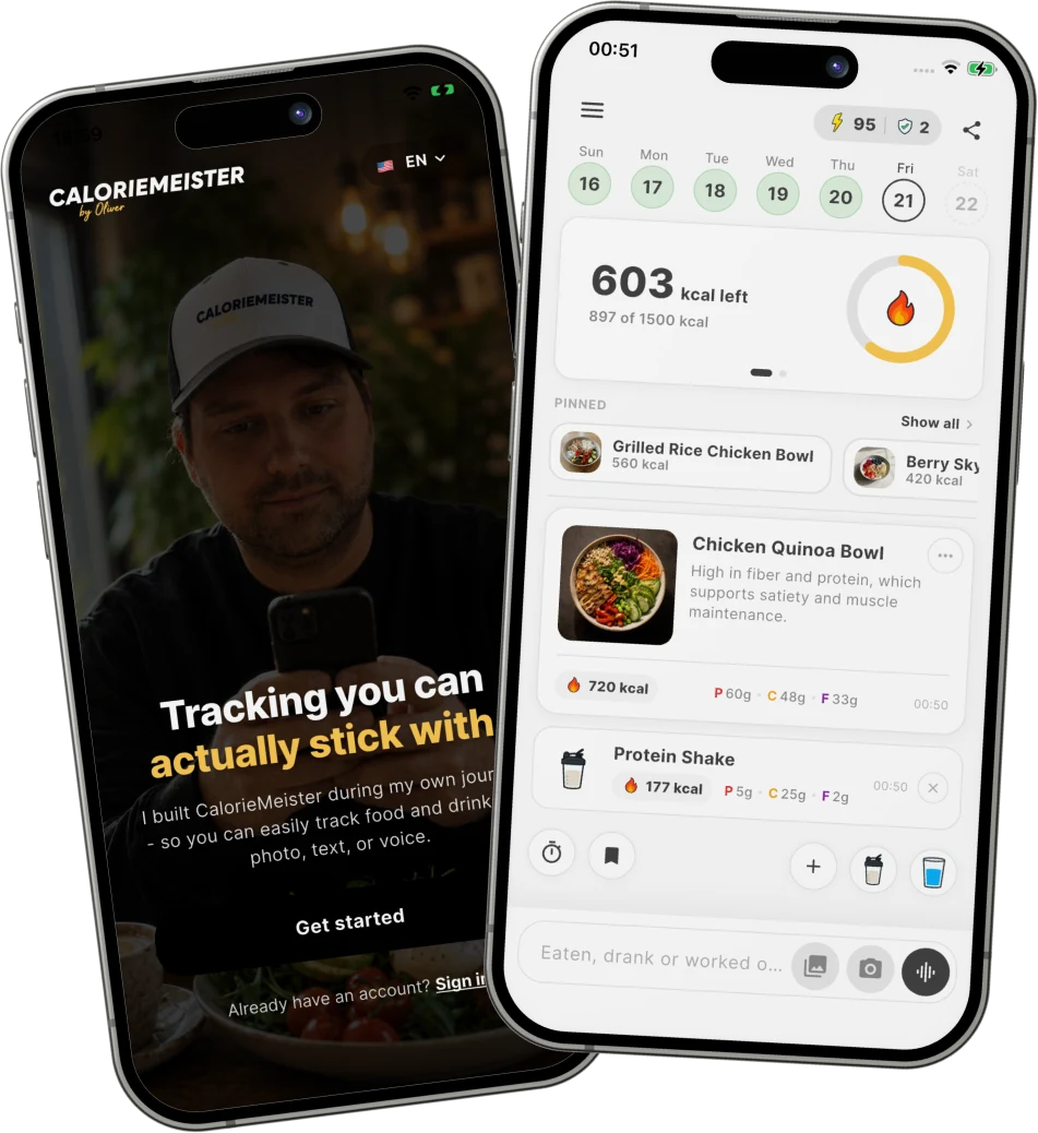 CalorieMeister welcome screen and home screen shown on two iPhones